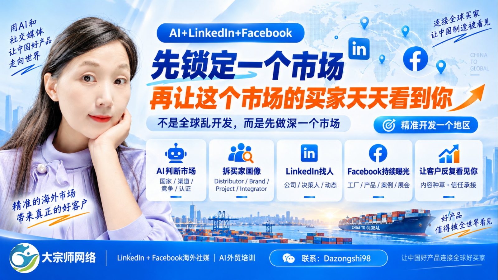 AI+LinkedIn+Facebook 外贸客户开发方法:先锁定一个市场,再让这个市场的买家天天看到你(大宗师网络)
